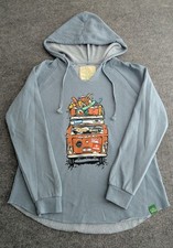 Wild Tribute Van Life Raw Hem V Neck Hoodie Women's Size Small Misty Blue