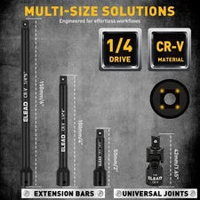 4-Piece 1/4 Drive Socket Extension Bar Set, 2, 4, 6 inch Professional Extensi...