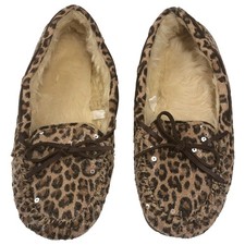 Womens Plush Brown Sequin Leopard Print Slippers Loafers