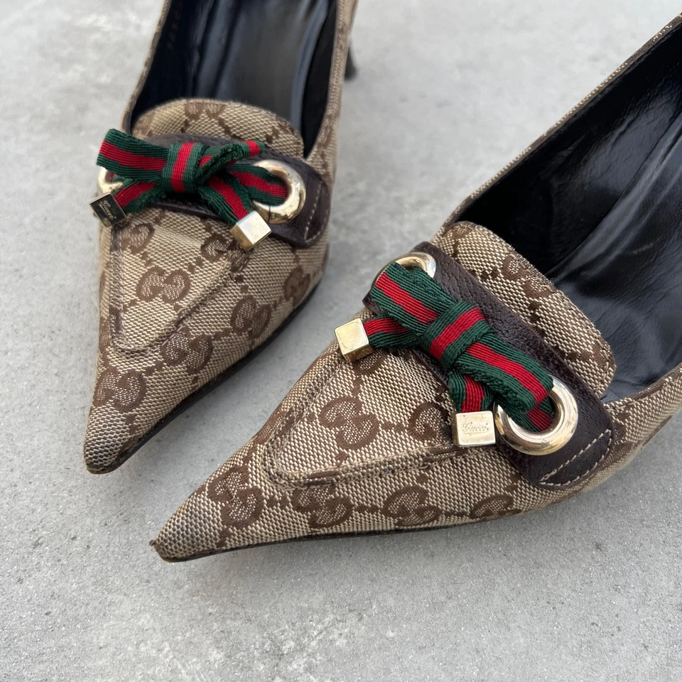 Gucci | Authentic Vintage GG Monogram Canvas Leather Pointed Toe Ribbon Pump(37) - Image 3 of 4