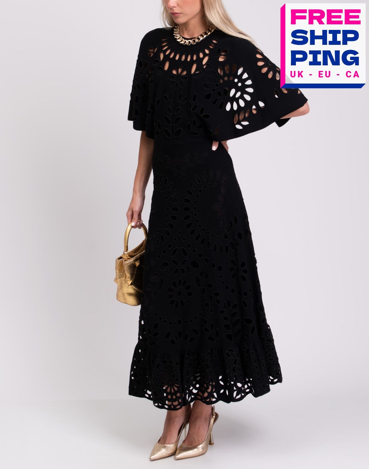 RRP€5430 VALENTINO Broderie Anglaise Midi Dress Size M Cape-Effect Made in Italy