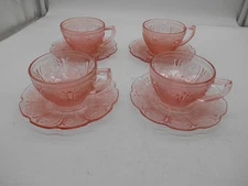4 Sets of Jeanette Pink Cherry Blossom depression glass Cups & 5 5/8" Saucers