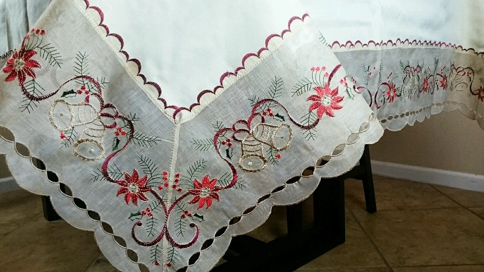 White Large 72x126" Embroidered Red Poinsettia Christmas Tablecloth 12 Napkins - Image 3 of 4