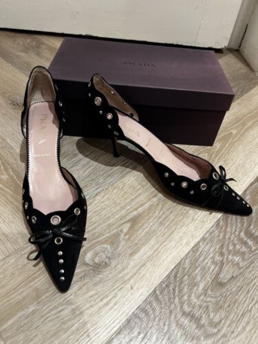 De colección Súper Raro 2000 Prada Negro Gamuza Tachonado Gatito Tacón Mules Talla 39 - Imagen 20 de 22