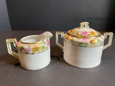 Nippon Cream and Sugar Art Deco Era Gold Accents Ball Green Mark