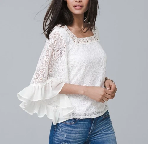 OFF WHITE WHBM Bell Sleeve 3 4 colore crema taglia XS chiffon e tessuto ricamato