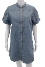 FRNCH Womens Cotton Round Neck Short Sleeve Button Up Denim Dress Blue Size S