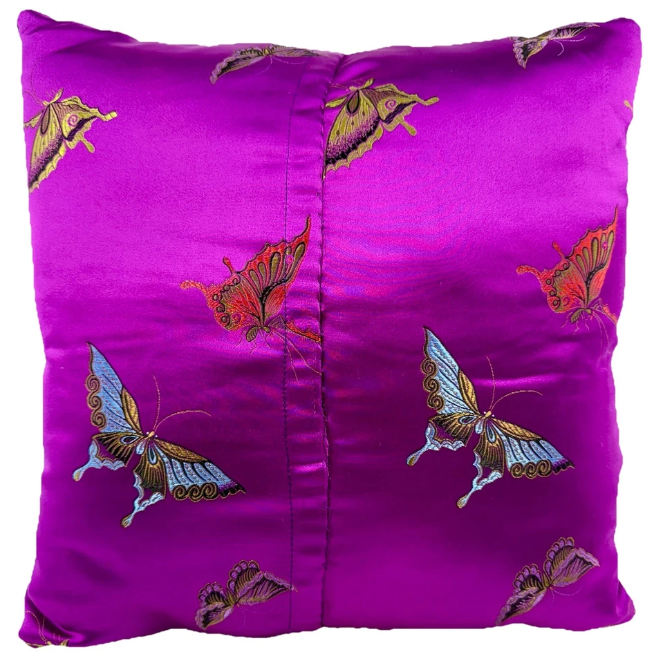 Handmade Embroidered Floral Butterfly Throw Pillow 12x12 Purple Satin EUC - Image 2 of 4
