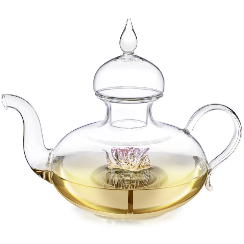 Tetera de vidrio soplado a mano Earthly Rose con rosebud rosa tridimensional (40º... Foto 2 de 4
