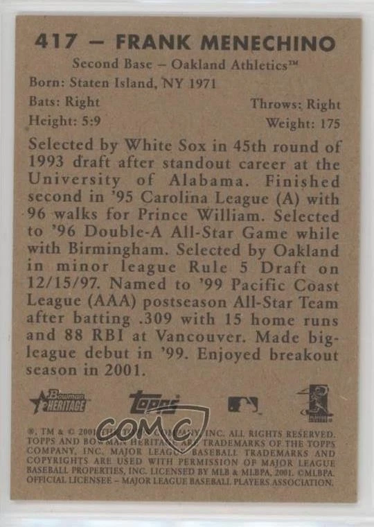 2001 Bowman Heritage Frank Menechino #417 Rookie RC - Image 2 of 2