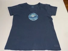 Life is Good Crusher Tee Shirt Women’s V Neck Large Navy Camping Tent (0367)