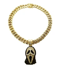 Scream Mask Pendant & 18" 20" 24" Iced Box Lock Cuban Chain Hip Hop Necklace