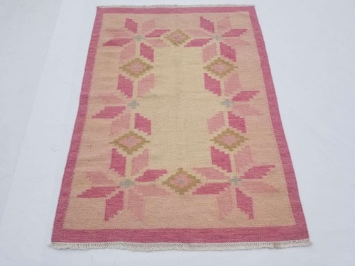 Vintage Handmade Traditional Floral Pink Beige Kilim Floor Rug Carpet 190x138cm