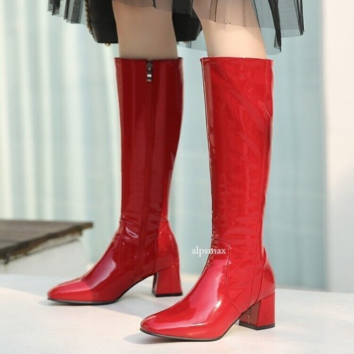 Botas altas de cuero patentado brillante hasta la rodilla para mujer con bloque tacones medios con cremallera para fiesta - Imagen 7 de 14