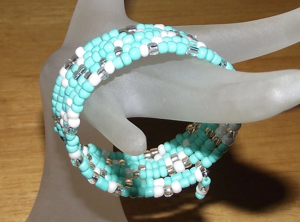 Turquoise White Crystal Beaded Wrap Coil Bangle Bracelet USA Made - Glass Beads - Image 4 of 4