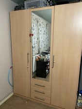 Large Wooden 3-Door Wardrobe with Mirror & Drawers – Needs Repair