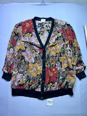 Vintage Chris JB Floral Pattern Bomber Cardigan Jacket Retro 80s 90s Style - Siz