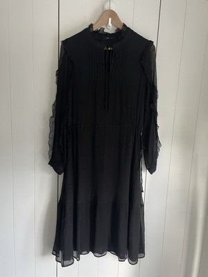 RIANI Black Sz 10 100% SILK  295 Long Frill Sleeve Drawstring Waist Tie  Dress