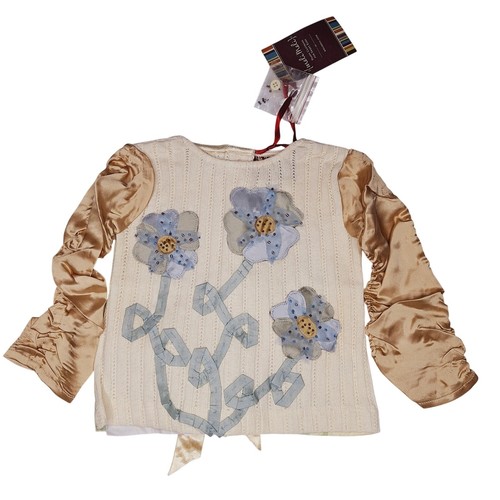 Meli Meli Boutique Mixed Media Top 2T Floral Applique Beaded Cotton Silk Cottage - Picture 1 of 8