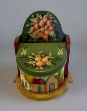 Folk Primitive Hand Painted Lidded Slant Wood Box 1989 Signed Saundra Wood Waco