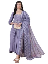 GoSriKi Women's Rayon Viscose Anarkali Embroidered Kurta with Pant & Dupatta