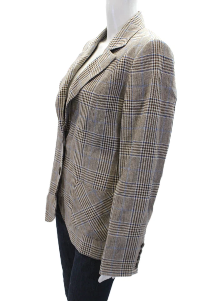 Brora Womens Two Button Notched Lapel Plaid Blazer Jacket Brown Blue Linen 10 - Image 2 of 4