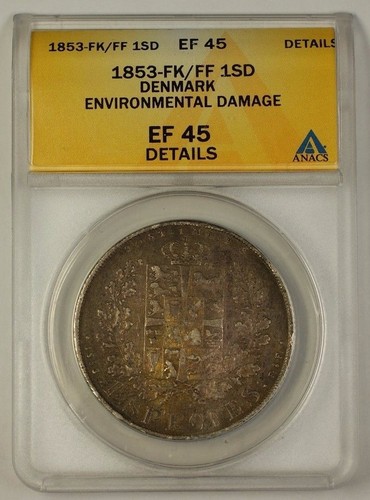 1853-FK/FF Danimarca Specie Daler Moneta d'Argento ANACS EF-45 Dettagli circa Danni - Foto 1 di 2