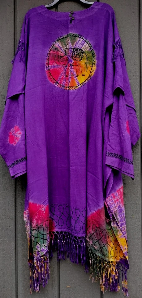 Maxi corbata africana vintage púrpura rayón caftán unisex flecos festival teñida hecha a mano XL Foto 3 de 4