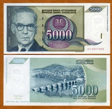 Yugoslavia, 5000 (5,000) Dinara, 1992, P-115 AA-Prefix UNC