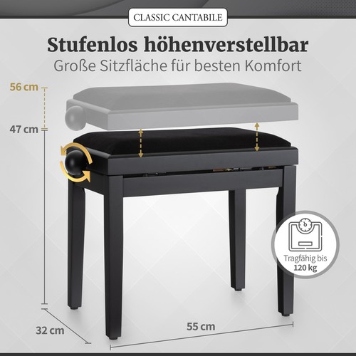 Pianobank Schwarz-matt - Höhenverstellbar von 47-56cm - Klavierhocker mit Spi... - Afbeelding 3 van 8