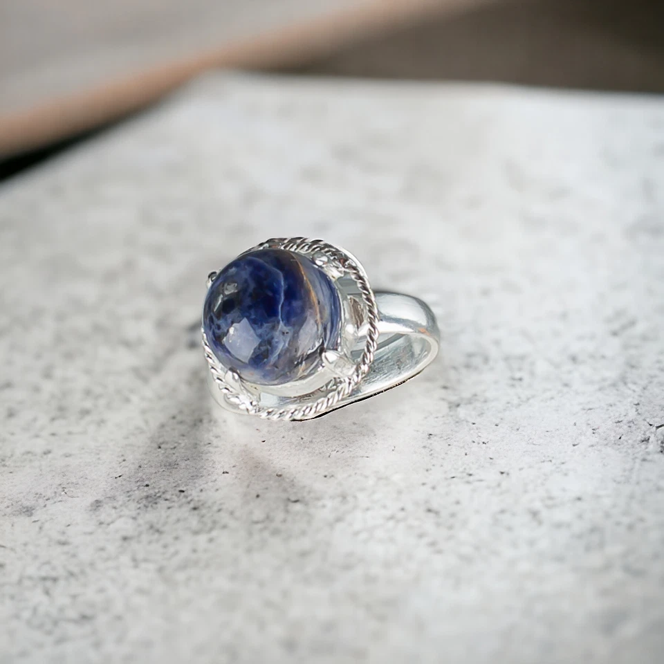 Lindo anillo de piedras preciosas naturales de sodalita para mujer de plata de ley 925 regalo Foto 4 de 4