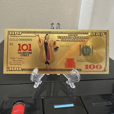 Gold Foil Plated Cruella de Vil 101 Dalmatians Banknote Disney Collectible