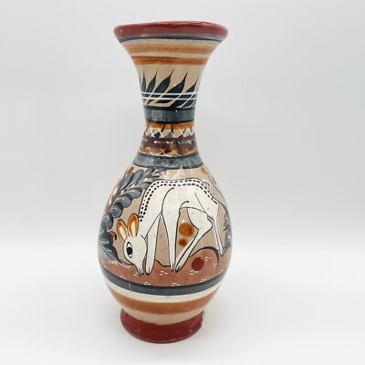 Vintage Tonala Vase with White Deer | Mushroom Mexican Folk Art Pottery Vase