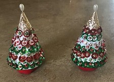 2 Vintage Sequin Beaded Push Pin Hand Made Christmas Tree Multicolor Ornament