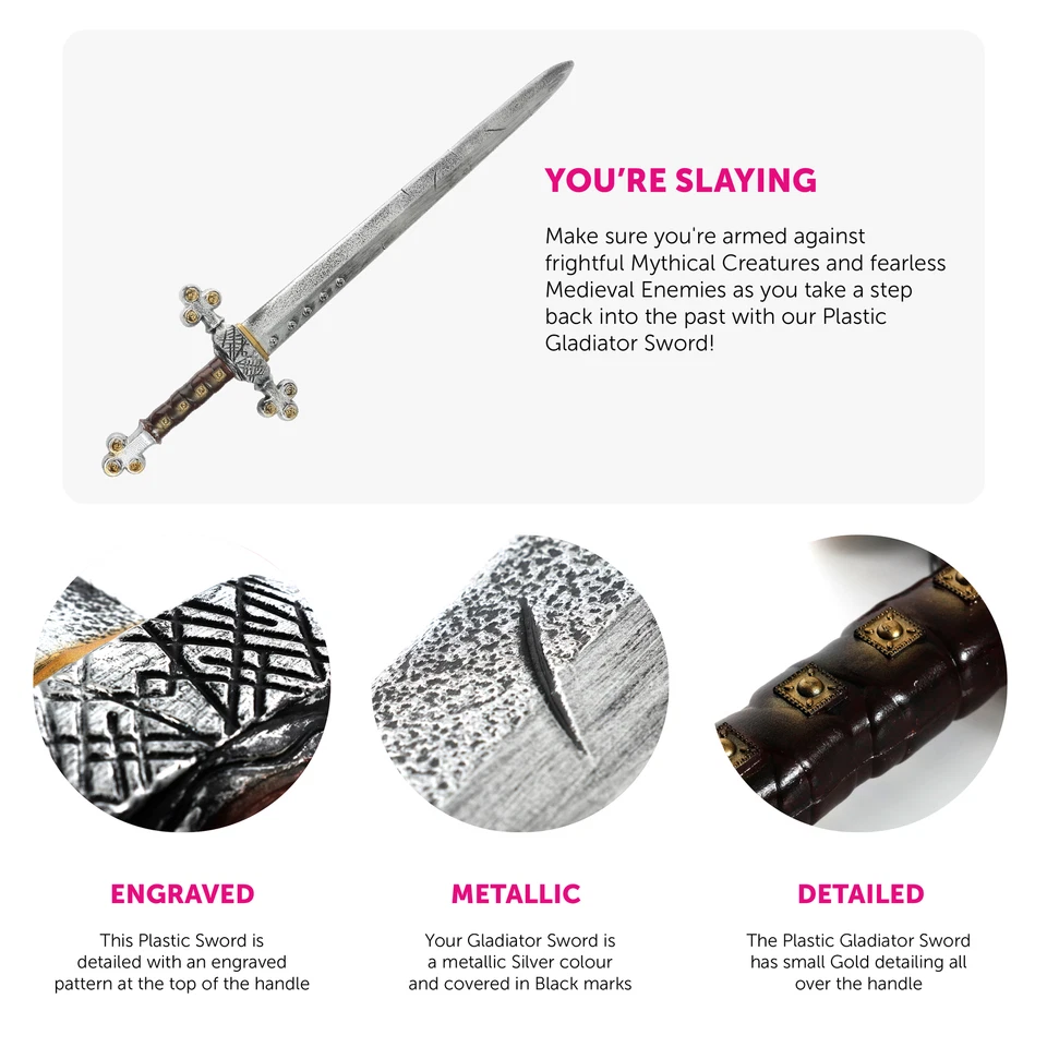 SILVER 28" SWORD GLADIATOR KNIGHTS TOY MEDIEVAL WARRIOR ACCESSORY FANCY DRESS  - Image 2 of 4