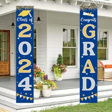 Graduation Decorations 2024 GRAD Banner Blue Porch Door Sign Welcome Banner F...