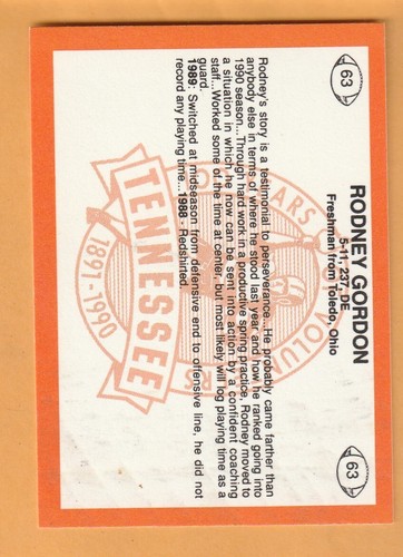 Tarjeta Rodney Gordon Tennessee Volunteers 1990 #63 Toledo Ohio 12W - Imagen 2 de 2