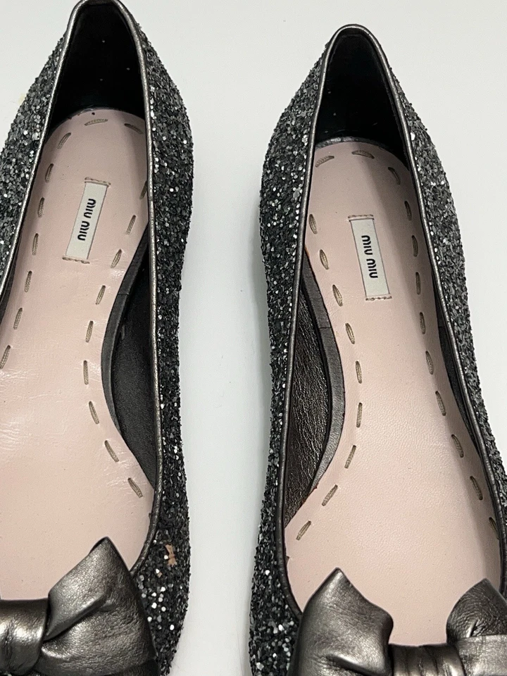 MIU MIU AMAZING SILVER GLITTER PEWTER BOW POINTY TOE FLATS Sz 39.5 I LOVE SHOES - Image 4 of 4