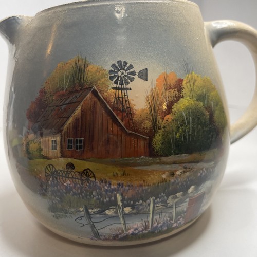 P.R. Storie Pottery Co. Marshall TX Stoneware Beige Pitcher w Homestead Scene - Picture 7 of 10