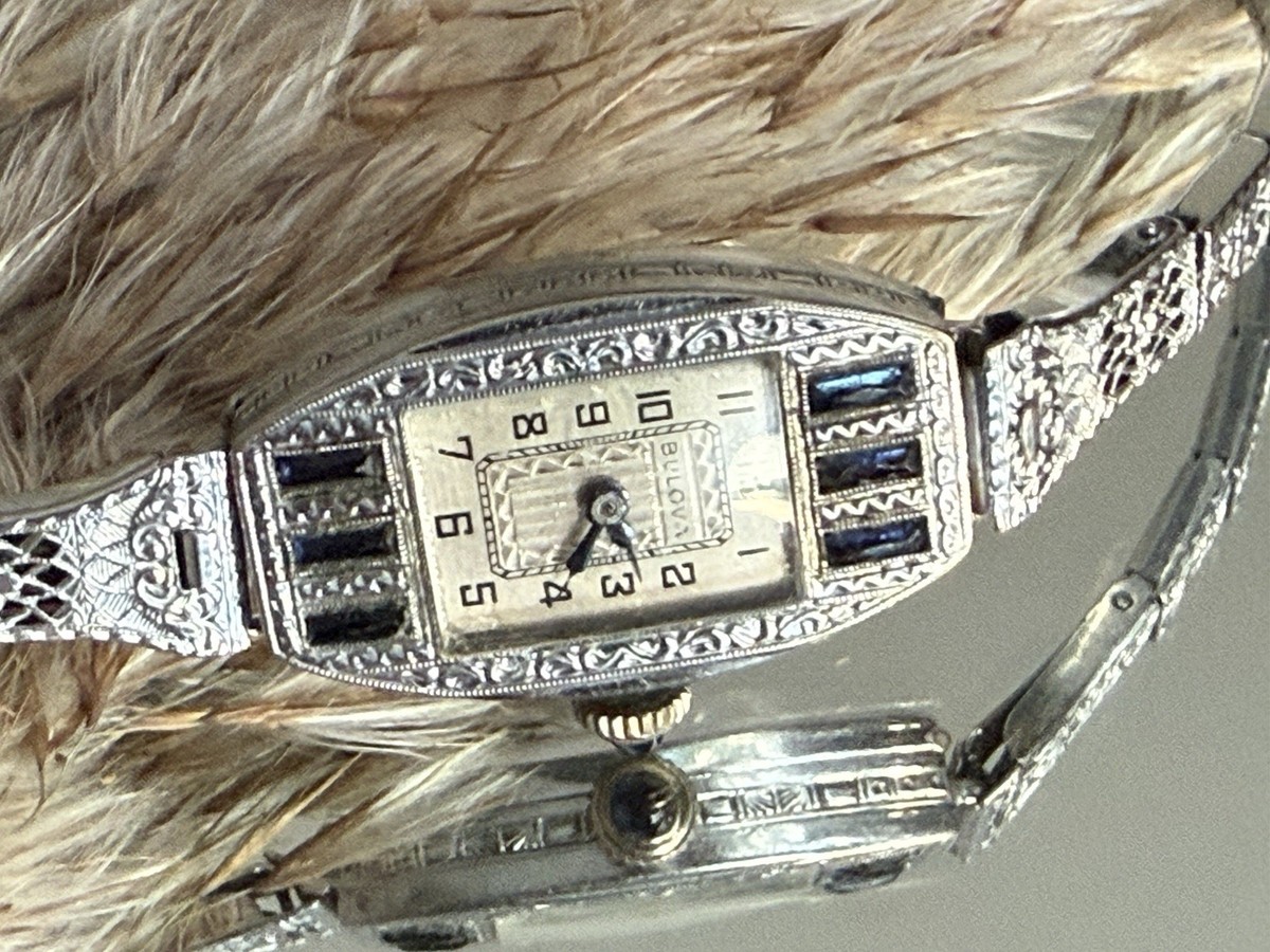 Montre Vintage Femme Art Déco Bulova - Or Blanc 14 Carats - Mécanisme 6AP 15J Fonctionne - Années 1930