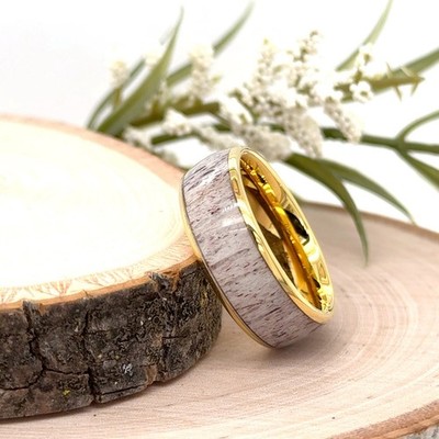 8mm Gold Tungsten Ring For Christmas Gifts White Wood Antler Inlay Engraved Band
