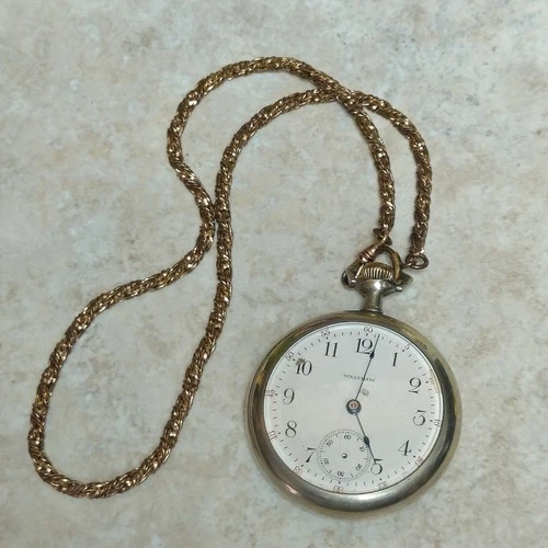 Waltham Pocket Watch Silver Tone Open Face With Chain Top Wind Works
