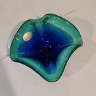 Vintage Murano Style Sargasso Art Glass Bowl MCM Blue Green Centerpiece Vase