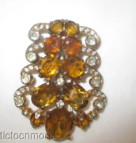 VINTAGE EISENBERG ORIGINAL DECO TOPAZ GLASS CLUSTER GOLDEN SHIELD FUR DRESS CLIP