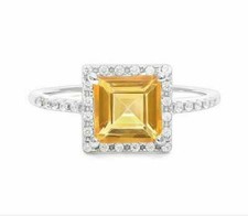 Perfect Princess Cut Honey Yellow 1.52CT Citrine With Round Cut CZ Halo Ring