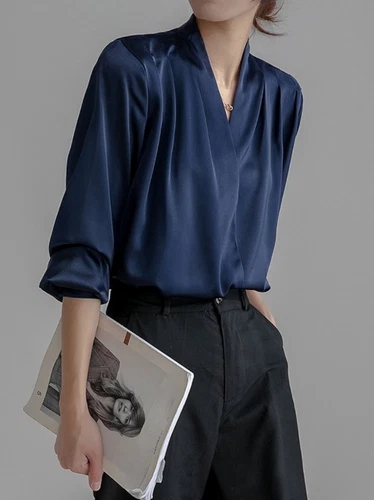 Sommer Damen OL Shirts Langarmshirt Seide V-Ausschnitt französisches Design Blusen Oberteil - Bild 4 von 16