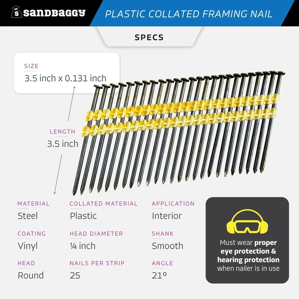 Sandbaggy 3.5 in 21 Degree Framing Nails - Plastic Collated Strip - Round Head - Image 2 of 4