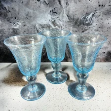 Hand Blown Studio Art Glass Drinking Goblets Transparent Light Blue Bubbles 3