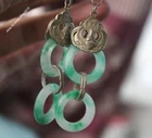 A Pair Chinese Antique Tibetan Silver Inlaid Natural Jade Earrings Lucky Jewelry