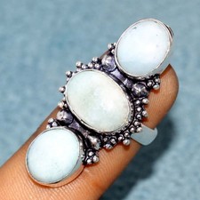 925 Silver Plated Long Rainbow Moonstone Ring US 6.5 Gift Ready Jewelry GW